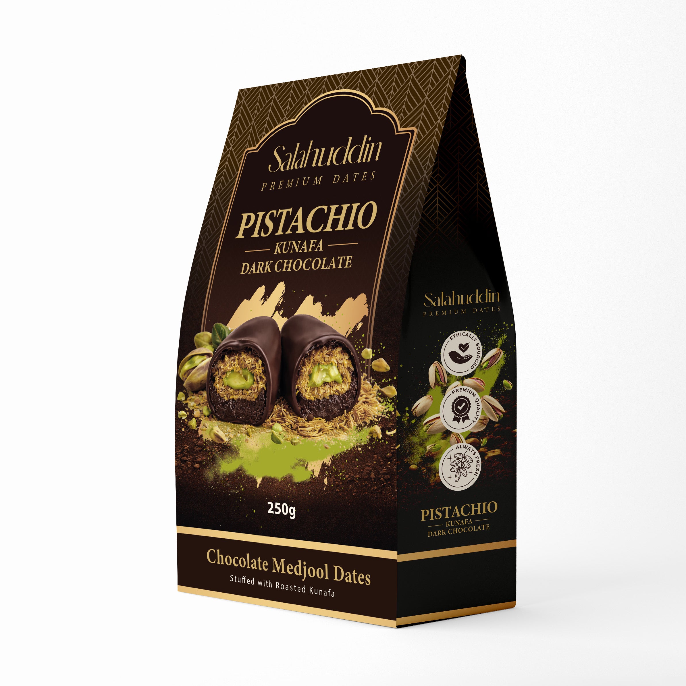 Pistachio Kunafa packaging with dark chocolate on a white background