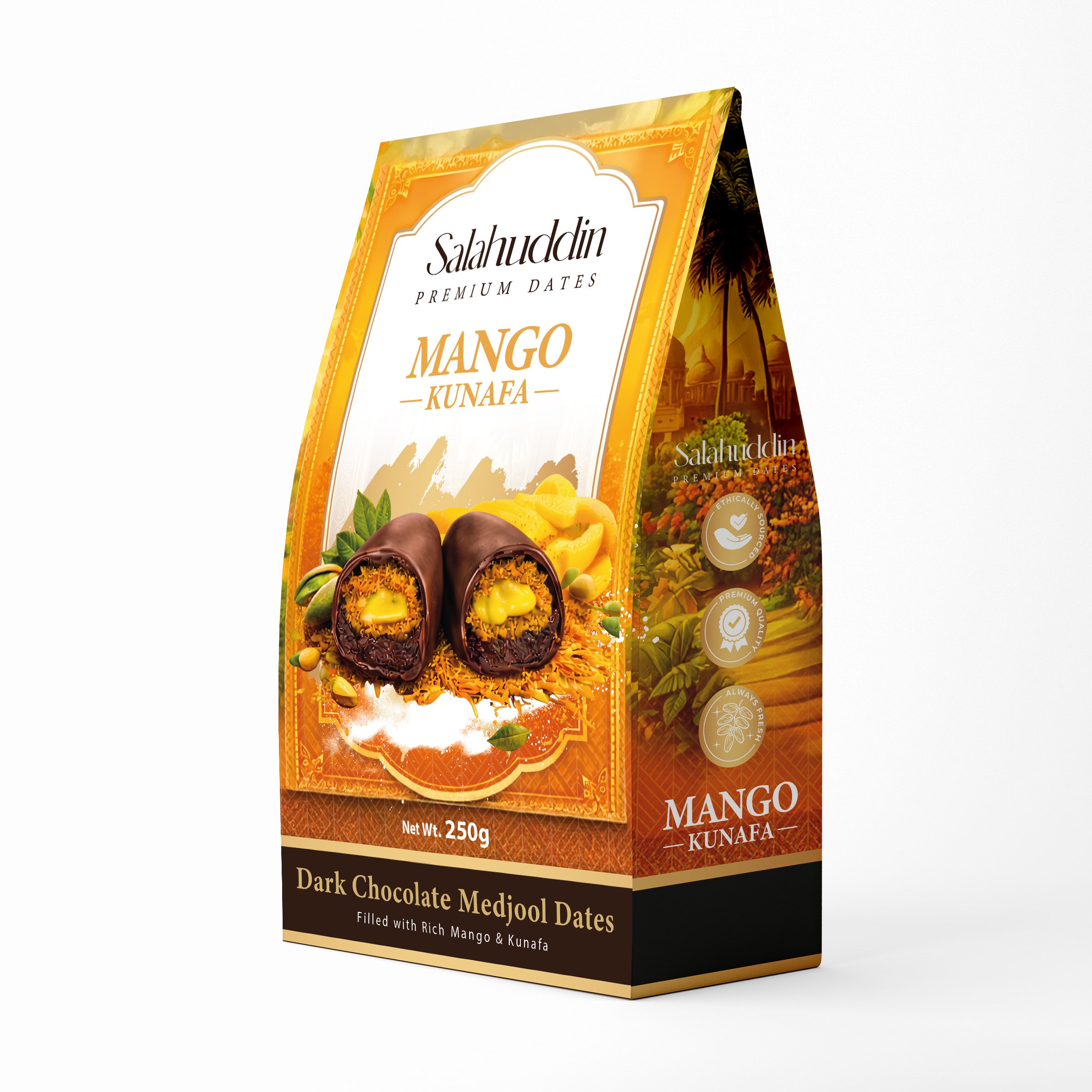 Salahuddin Mango Kunafa packaging with dark chocolate Medjool dates on a white background