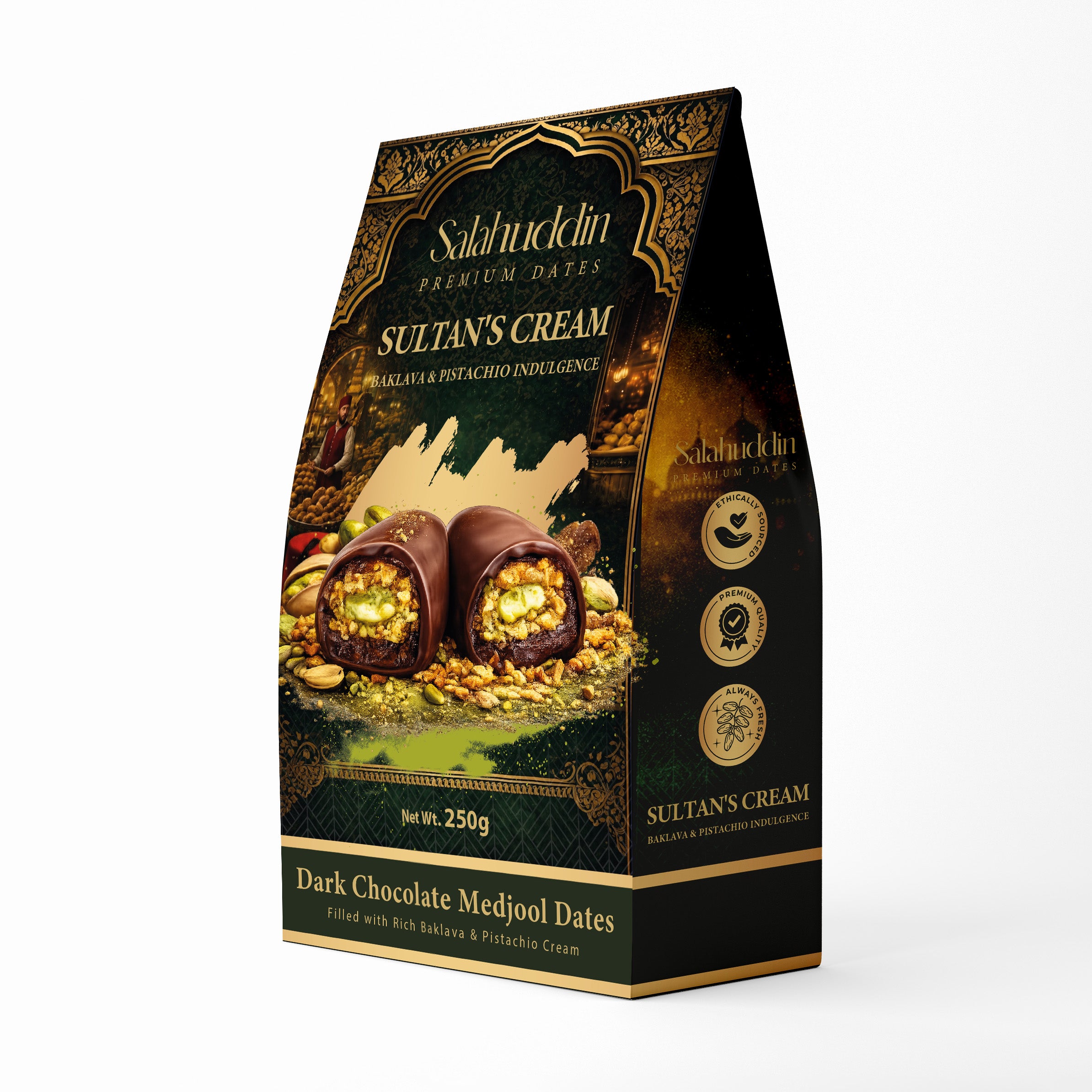Salahuddin Sultans Cream packaging with dark chocolate medjool dates on a white background