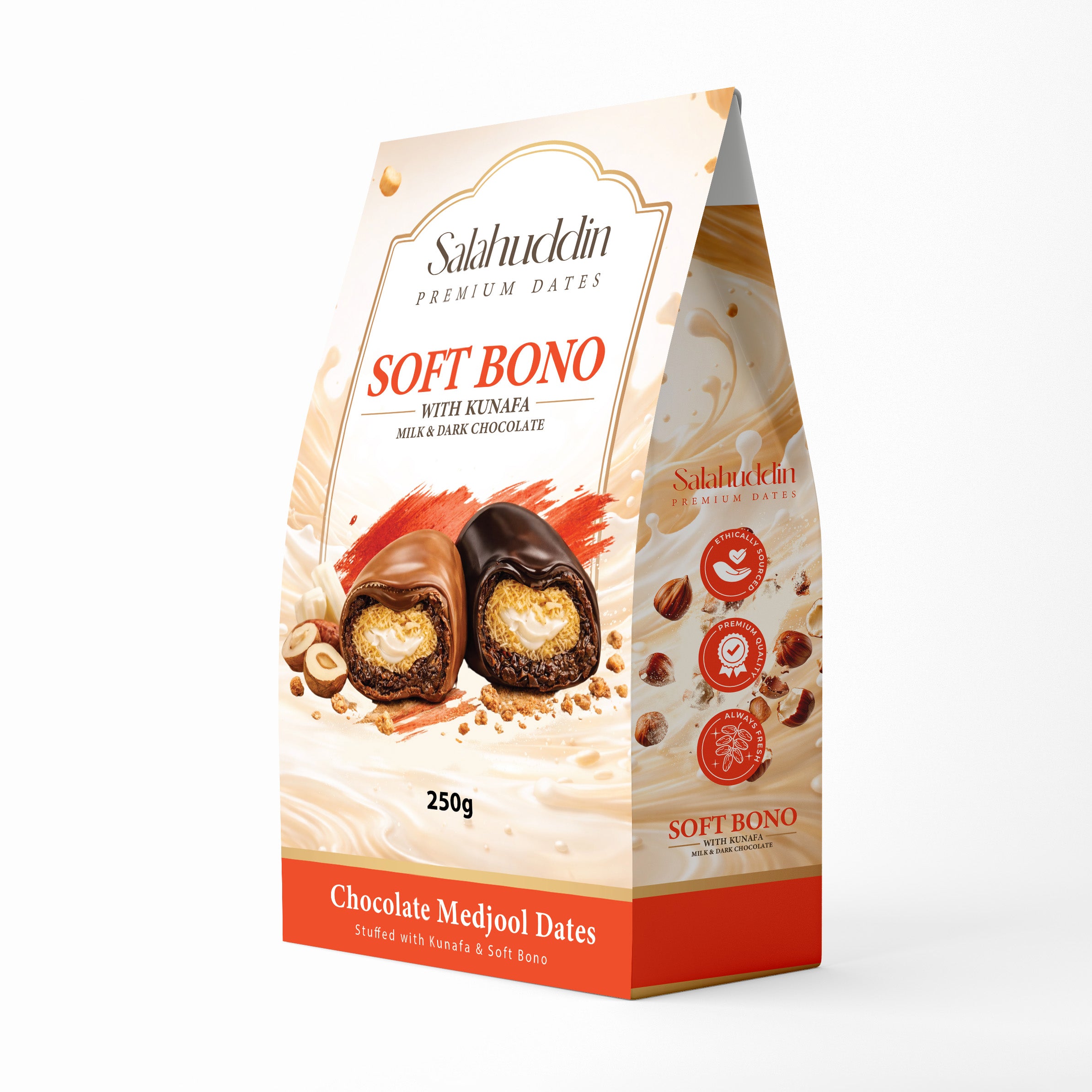 Salahuddin Soft Bono chocolate Medjool dates packaging on a white background